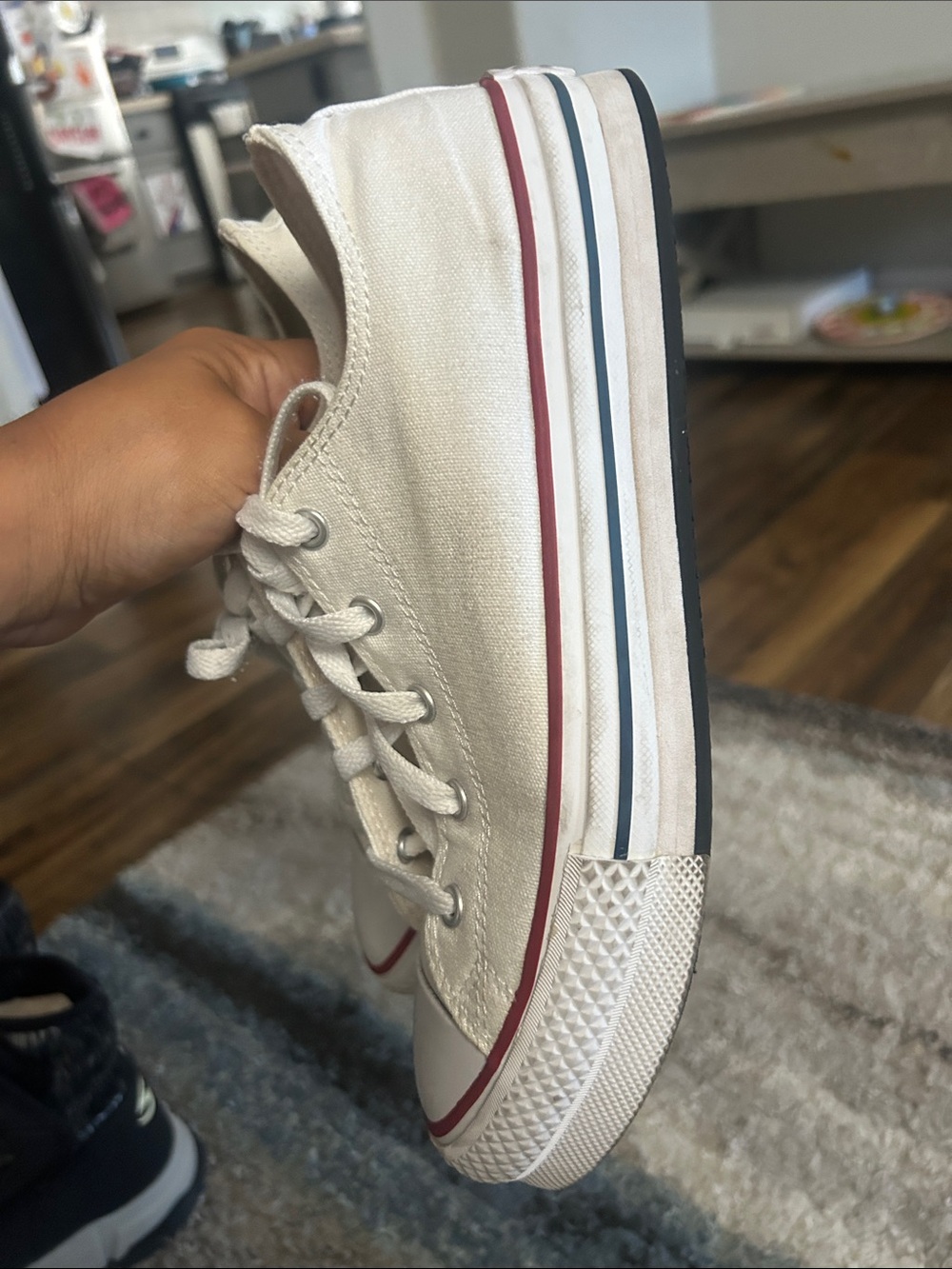 Converse All Star White Canvas Low-Tops with Red and Navy Trim - Picture 7 of 8
